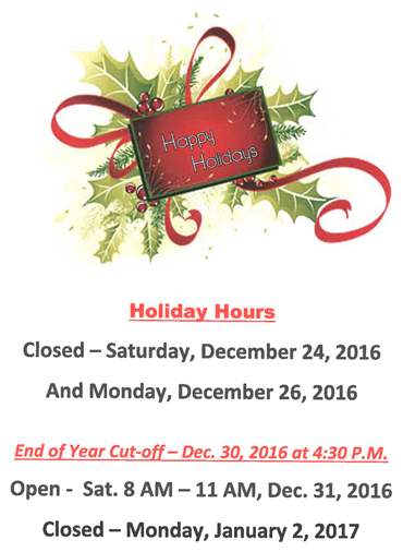 Holiday Hours 2016